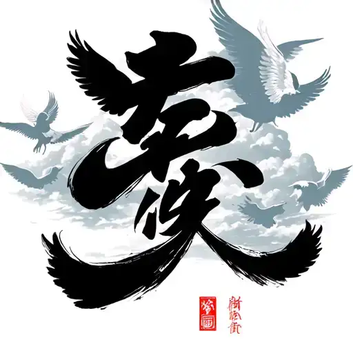 Chinese Word With Sky Background And Angels Flying