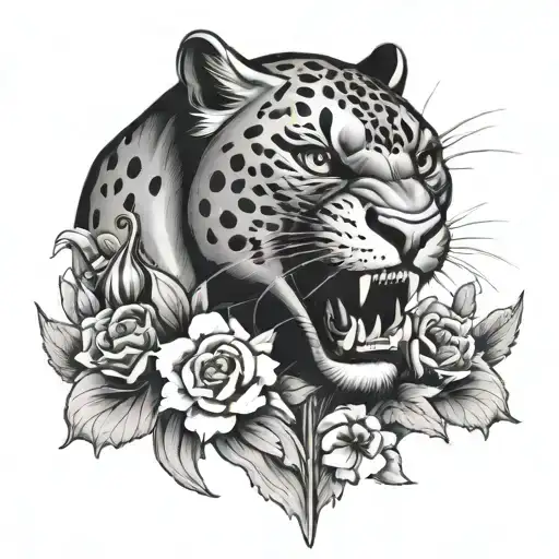 Panther Head Snarling With A Dagger & Two Flowers Underneath It