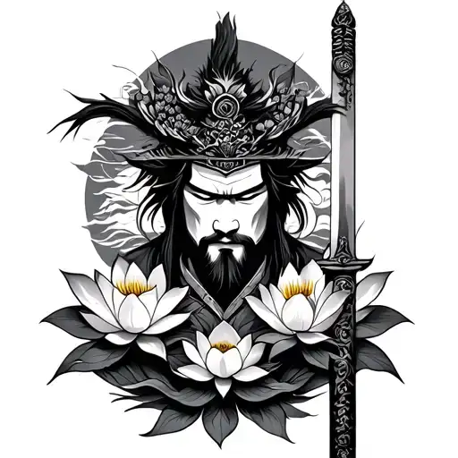 Samurai With A Sword Encruted In The Head And Lotus Flowers