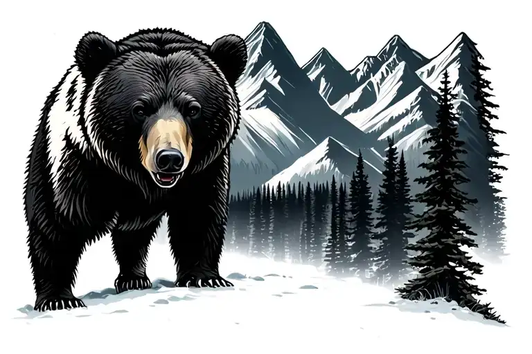 Mountain Range And Bear Silhouette And Alaska