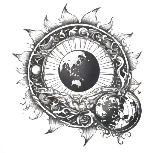 Sun & Moon Merging Together And Earth Globe