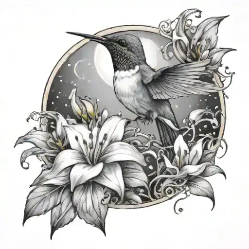 Shoulder Hummingbird Surrounded By The Moon And Lilies