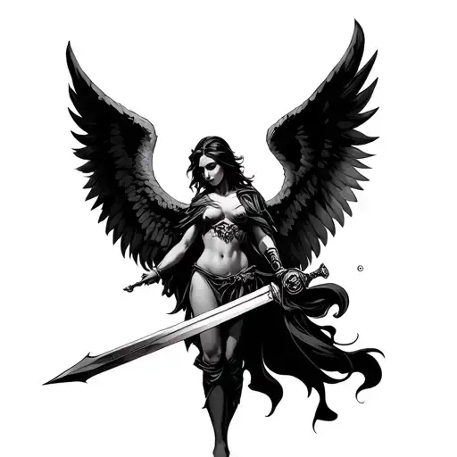 Black Angel With Wings Grabbing An Embedded Sword
