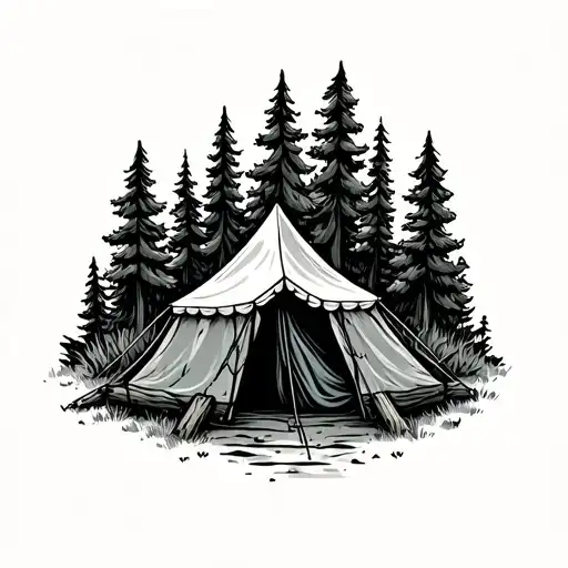 Camping Tent With Wood Stakes Surrounded By Trees