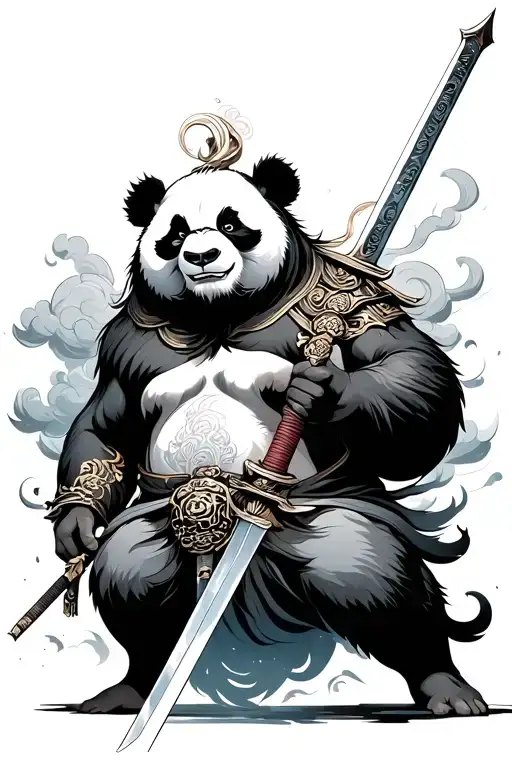 Panda Raijin God With Sword And Clouds And Magatama