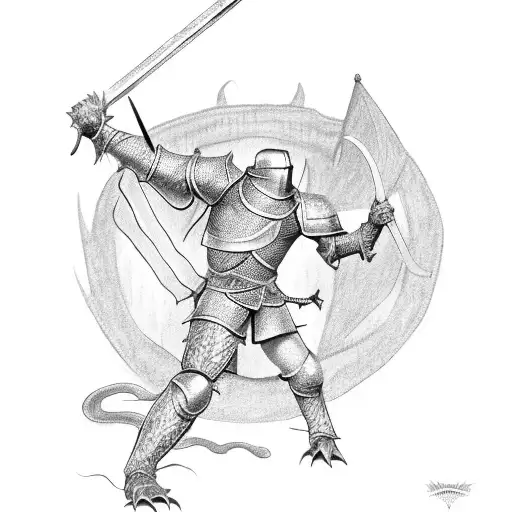 A Black And Grey Sketch Of A Medieval Knight Battling A Dragon