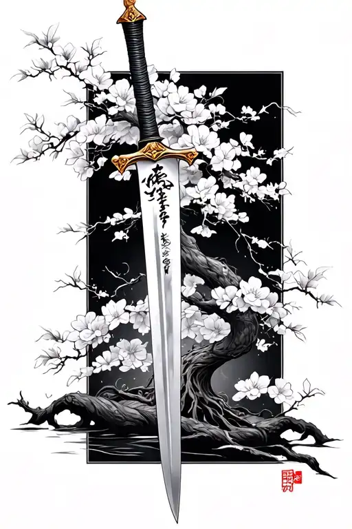 Samuri Sword And Sakura Tree