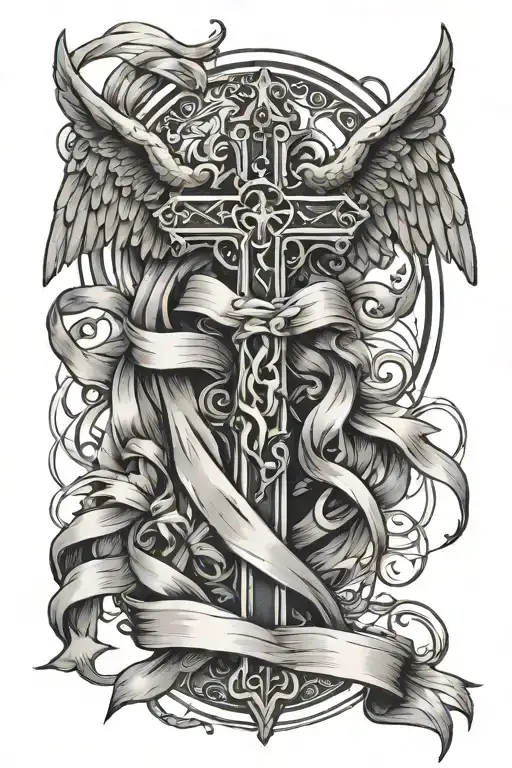 Cross With Ribbon Hanging Around It And Angel Wings Behind It