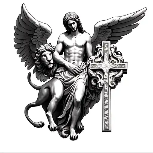 Angel Of Money With A Lion And A Cross Of Jesus Christ