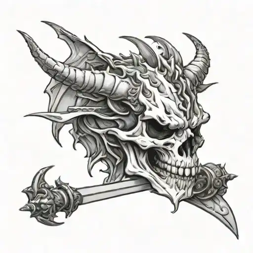 7 Horn Dragon Skull With Sword Piercing It