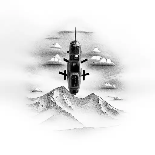 A Detailed Black And Grey Tattoo Of A Mountain Landscape With A Rescue Helicopter Flying Above