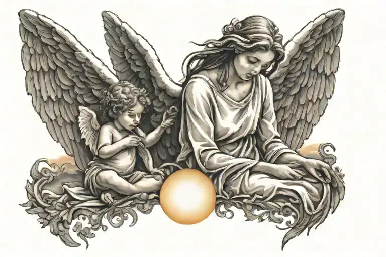 An Angel With Open Wings Next To A Child Watching The Sunset