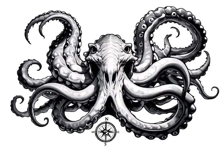 Kracken In Ocean With Small Nautical Compass