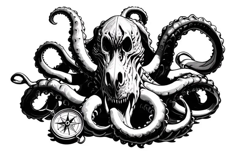 Kracken In Ocean With Small Nautical Compass