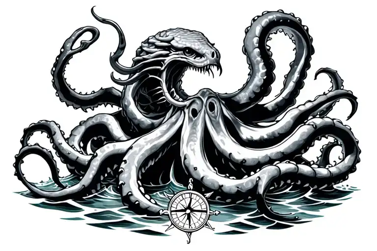 Kracken In Ocean With Small Nautical Compass