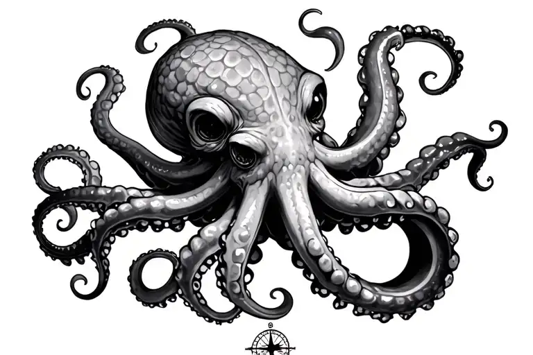Kracken Octopus In Ocean With Small Nautical Compass