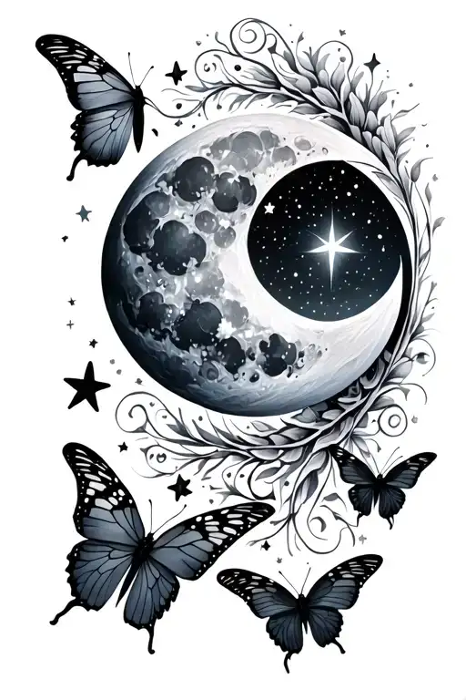 Spine Tattoo Of The Moon Cycle And Butterflies And Stars Around It