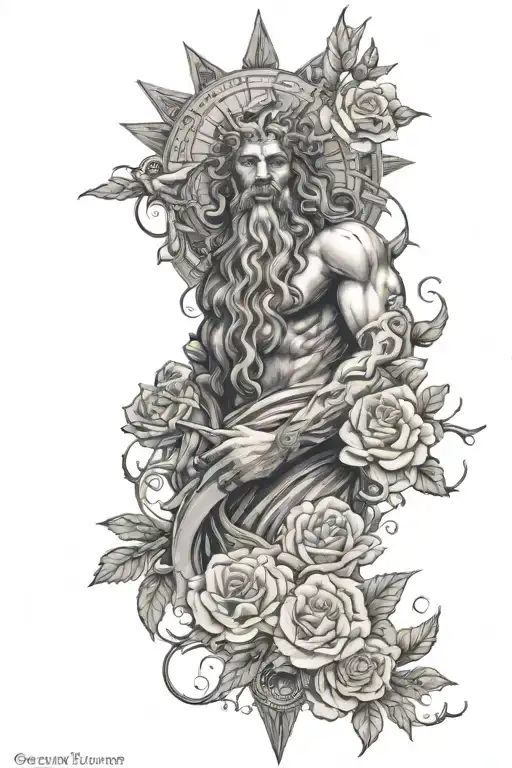 Poseidon Surrounded By Roses With A Compass And Map