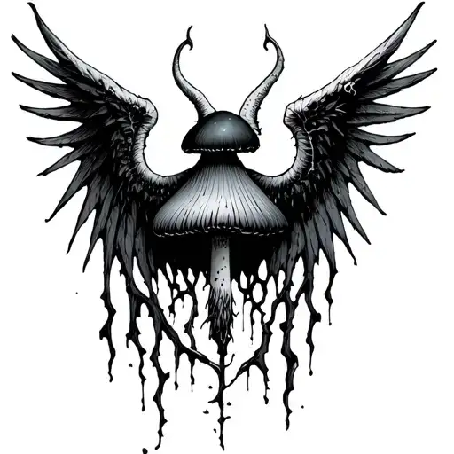 Gothic Demon Wings Spread Black Deathcap Mushroom In Middle