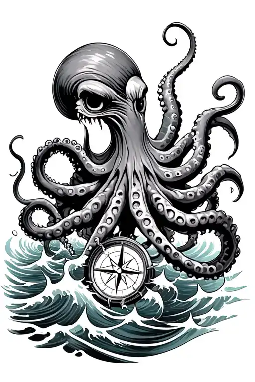 Angry Kracken Octopus In Ocean With Nautical Compass In Middle With Waves