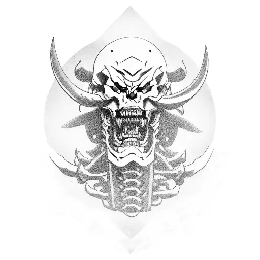 Japanese Oni Skeleton Head With Fangs And Horns