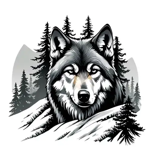 Wolf And Large Trees On Mountain