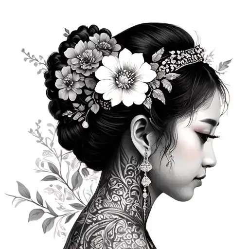 Side Profile Of A Beautiful Hmong Woman With Florals