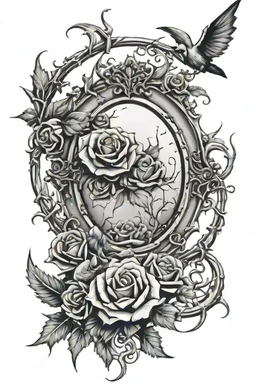 Shattered Vintage Gothic Mirror With Thorns And Barbed Wires And Roses And Crescent Moon