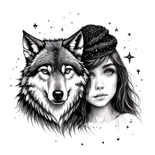 Wolf And Girl Looking At The Stars