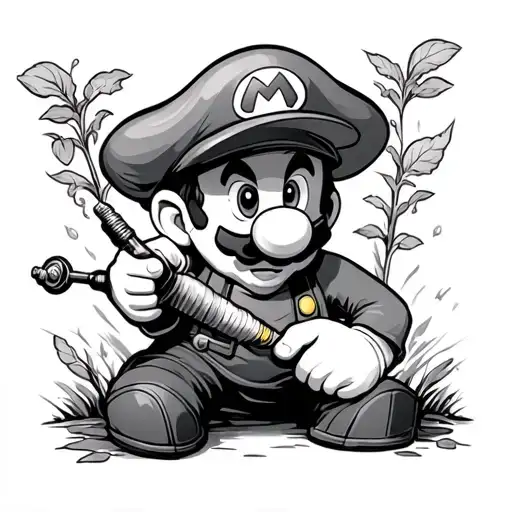 Mario Holds A Tattoo Machine In His Hand And Makes A Tattoo Of Coloring For The Mushroom