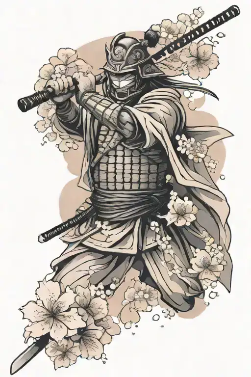 Samurai In Mask Surrounded In Sakura Flowers Hiding His Katana