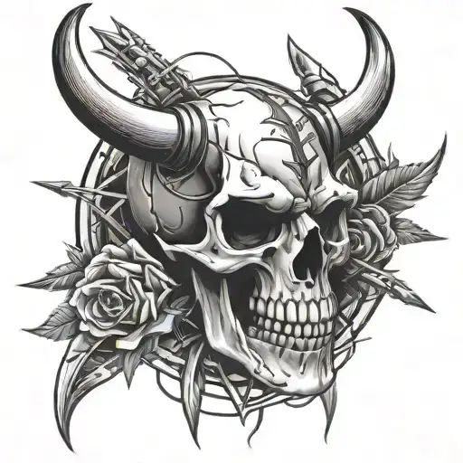 Long Horn Skull With Arrow And Barbed Wire Wrapped