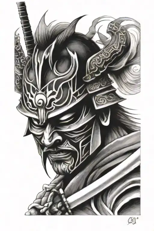 Closeup On Pride Samurai Mask Hiding His Katana Surrounded By Fire Waves