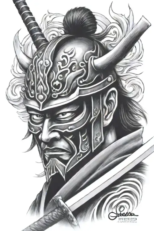 Closeup On Pride Samurai Mask Hiding His Katana Surrounded By Fire Waves