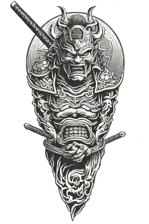 Samurai In Oni Mask Surrounded In Wind With Katana In His Chest