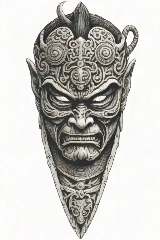 Closeup On Samurai In Oni Mask Surrounded In Wind With Katana In His Chest