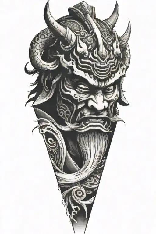 Closeup On Samurai In Oni Mask Surrounded In Wind Around Samurai Fading Dark