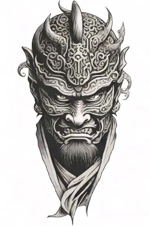 Closeup On Samurai In Oni Mask Surrounded In Wind Around Samurai Fading Dark