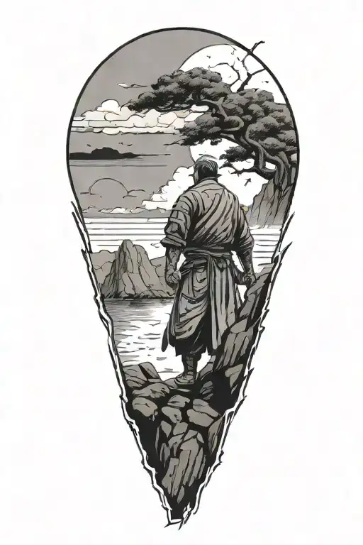 Ronin Standing On The Cliff Back To The World Surrounded In Wind Around Samurai Fading Dark