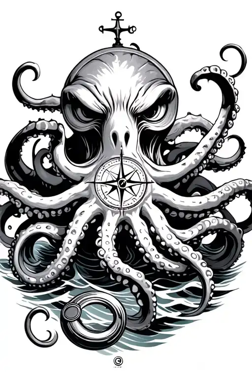 Angry Kracken Octopus In Ocean With Nautical Compass In Middle With Tentacles Out Wide With Waves