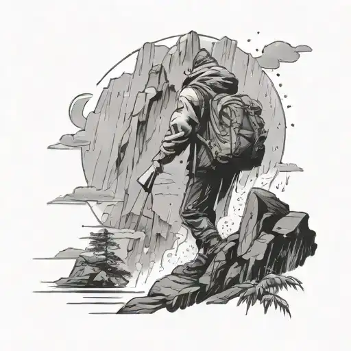 Man In The Rain Going Up Mountain With A Bag