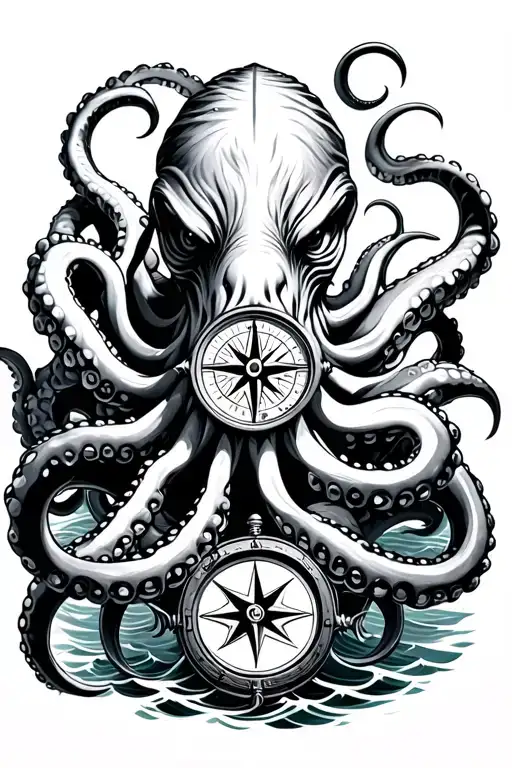 Angry Kracken Octopus In Ocean With Nautical Compass In Middle With Tentacles Out Wide With Waves