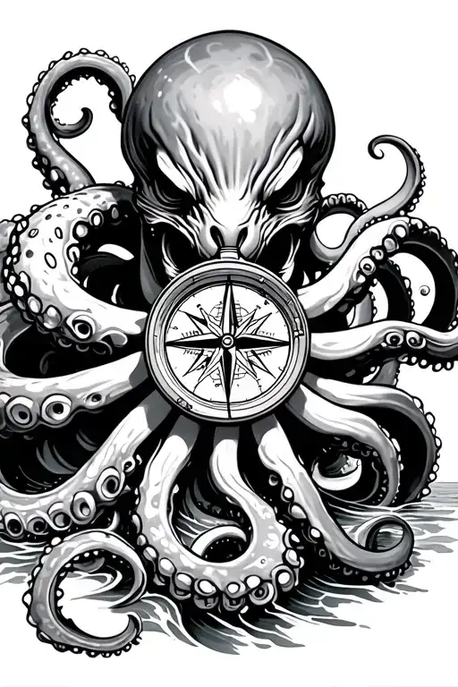 Angry Kracken Octopus In Ocean With Nautical Compass In Middle With Tentacles Out Wide With Waves
