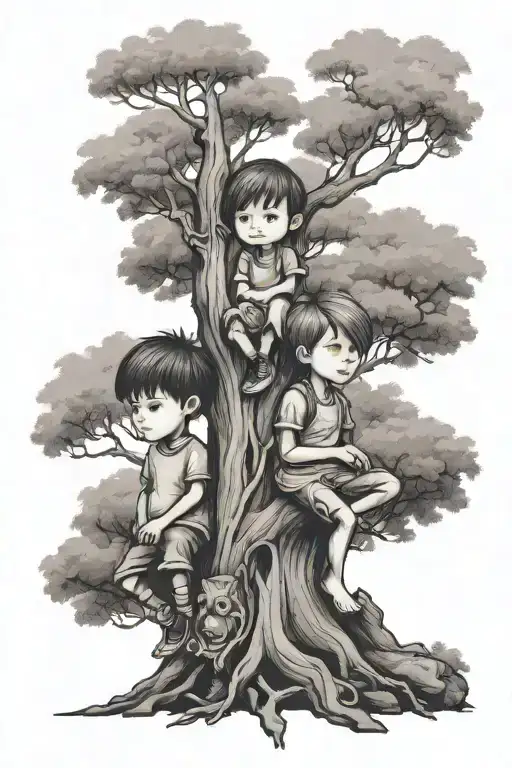 Tree And Children Boy And Girl