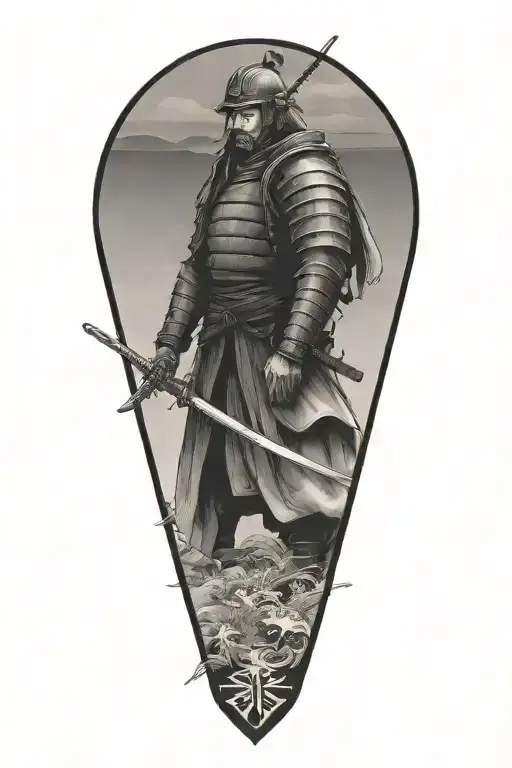 Lone Sad Samurai In Armor Holding A Sword