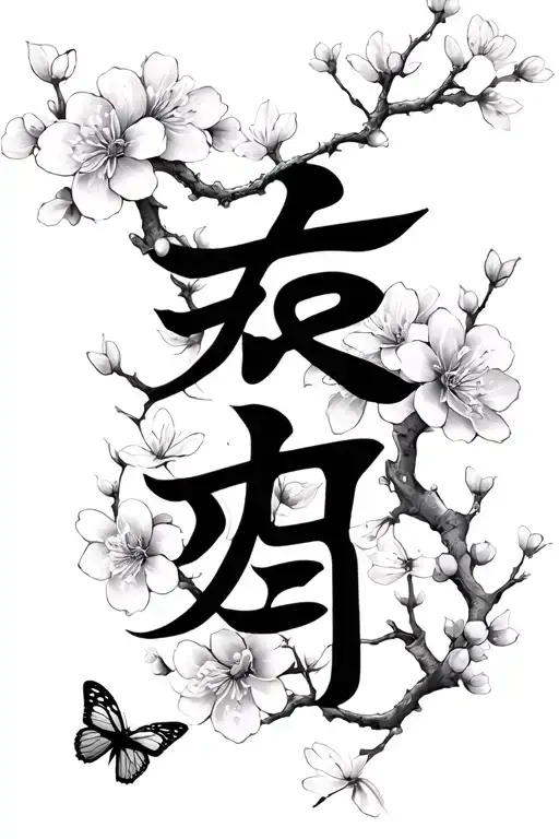 Peace Prosperity And Happiness In Chinese With Cherry Blossoms And Butterflies