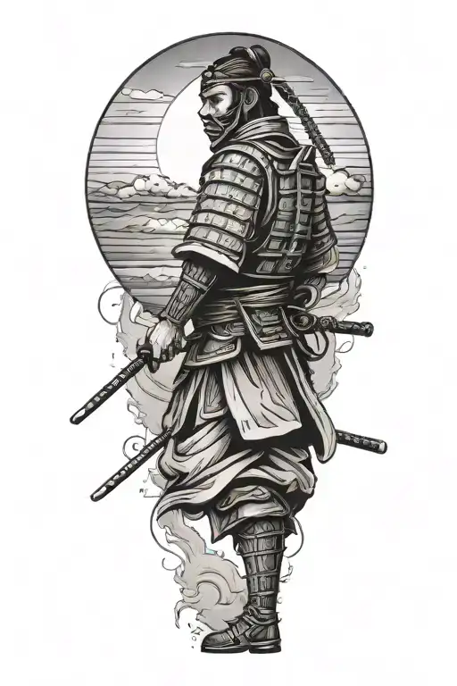 A Lonely Samurai Standing Sideways To The Setting Sun