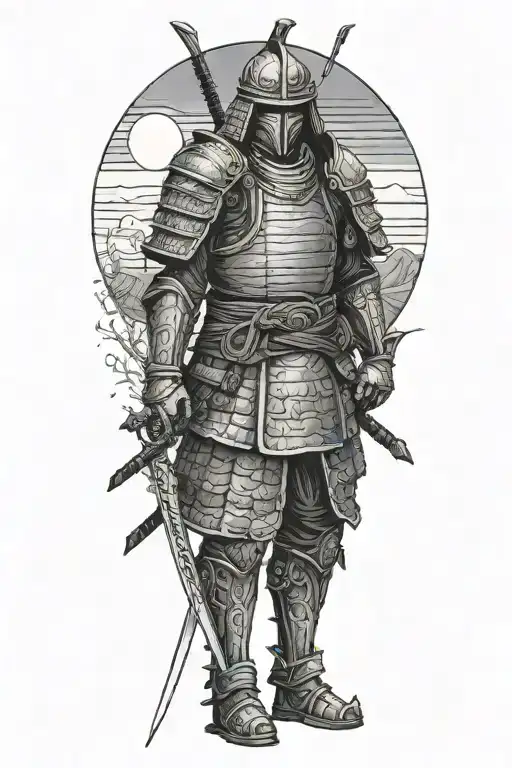 A Lonely Undead Samurai In Armor Standing Sideways To The Setting Sun