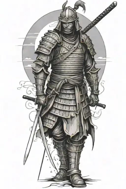 A Lonely Undead Samurai In Armor Standing Sideways To The Setting Sun