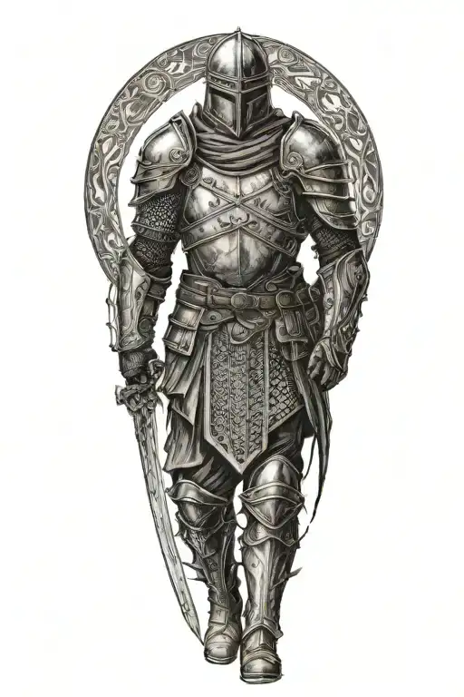 A Lonely Assasin In Armor Standing Front To The Setting Sun